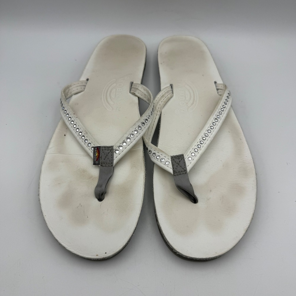 Rainbow Sandals Flip Flops Womens 10 White Crystal Rhinestone Leather Thong - Picture 2 of 7